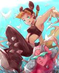  1girl black_hair blonde_hair braid butterfly double_bun foreshortening halter_top halterneck jojo_no_kimyou_na_bouken jpeg_artifacts kuujou_jolyne multicolored_hair navel_piercing no_nose piercing single_braid stand_(jojo) stone_free string touming_renjian two-tone_hair 