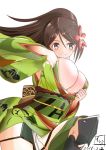  1girl 2016 amagi_(kantai_collection) armor breasts brown_eyes brown_hair closed_mouth dated flower hair_between_eyes hair_flower hair_ornament japanese_clothes kantai_collection kimono knee_pads kneehighs large_breasts leaf_hair_ornament long_hair mokerou mole mole_under_eye obi open_clothes open_kimono ponytail sash simple_background smile solo white_background 