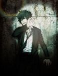  1boy black_hair clenched_teeth formal hand_in_front_of_face highres kanimaru kougami_shin&#039;ya male_focus necktie one_eye_closed psycho-pass solo spotlight suit teeth wall 
