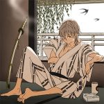  1boy androgynous barefoot cigarette fan katana lowres male_focus nein nipple_slip nipples short_hair silver_hair sitting smoking solo sword touken_ranbu tsurumaru_kuninaga weapon wide_sleeves 