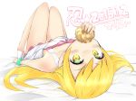  1girl bed_sheet blonde_hair blush dated doughnut dress eating food long_hair looking_at_viewer lying masamuuu monogatari_(series) on_back oshino_shinobu solo white_dress yellow_eyes 