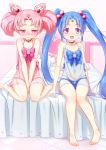  2girls barefoot bed bishoujo_senshi_sailor_moon blue_eyes blue_panties blush chibi_usa choker covering covering_crotch crossover double_bun facial_mark forehead_mark hair_bobbles hair_bun hair_ornament highres lingerie long_hair masaki_sasami_jurai multiple_girls navel negligee open_mouth panties pink_eyes pink_hair pink_panties see-through sitting smile tenchi_muyou! twintails underwear vahn_yourdoom very_long_hair 