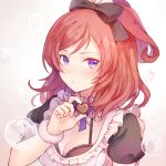  1girl alternate_costume alternate_hairstyle black_bow black_bra blush bow bowtie bra breasts bubble chocolate chocolate_heart cleavage closed_mouth frills gradient gradient_background hair_bow heart holding_food light_frown looking_at_viewer love_live!_school_idol_project nishikino_maki purple_bow purple_bowtie redhead rio_(9251843) short_sleeves solo underwear upper_body valentine violet_eyes 