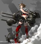  1girl anchor between_breasts bomb breasts chain control_tower green_eyes hand_between_breasts high_heels highres kantai_collection large_breasts looking_to_the_side midriff mutsu_(kantai_collection) navel rudder_shoes silhouette solo tagaya6592 thigh-highs turret 