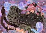  1girl animal_ears ankle_lace-up black_dress braid cat_ears cat_tail cross-laced_footwear dated dress floating_skull frilled_dress frills juliet_sleeves kaenbyou_rin long_hair long_sleeves looking_at_viewer mosho multiple_tails one_eye_closed open_mouth paw_pose pink_eyes pink_hair puffy_sleeves signature smile solo tail touhou traditional_media twin_braids two_tails 