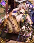  1girl animal_ears artist_request boots breasts cat_ears character_request fur large_breasts long_hair no_bra polearm sengoku_bushouki_muramasa sitting solo tail tiger_print weapon white_background yellow_eyes 
