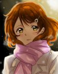  1girl :d alpha_(smashbox) black_background blurry blush breath brown_hair coat eyelashes flower hair_flower hair_ornament hairclip hibike!_euphonium highres light_smile lips motion_blur open_mouth oumae_kumiko parted_lips pink_scarf scarf short_hair simple_background smile snowing solo tareme teeth upper_body winter_clothes winter_coat yellow_eyes 