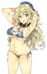  1girl :d adapted_costume armpits arms_behind_head atago_(kantai_collection) beret bikini blonde_hair blue_bikini blue_eyes breasts cleavage groin hat kantai_collection long_hair looking_at_viewer navel open_mouth shimeji_(4_me_ji) side-tie_bikini simple_background smile solo swimsuit under_boob white_background 