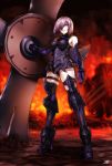  1girl armor breastplate elbow_gloves fate/grand_order fate_(series) fire from_below full_body gloves greaves hair_over_one_eye high_heels highres purple_hair shield shielder_(fate/grand_order) solo standing thigh-highs violet_eyes yusuki_(fukumen) zettai_ryouiki 