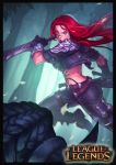  1girl battle black_gloves blue_eyes border copyright_name dual_wielding fighting_stance forest gloves gubrutsky highres katarina_du_couteau league_of_legends long_hair midriff nature pauldrons redhead rengar reverse_grip short_sword solo_focus sword vambraces weapon 