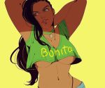  1girl alternate_costume arms_up asymmetrical_hair black_hair breasts brown_eyes choker cornrows crop_top dark_skin eyebrows highleg highleg_panties laura_matsuda lips long_hair lowres mushisotisis no_bra panties solo street_fighter street_fighter_v under_boob underwear yellow_background 