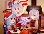  alcohol animal_ears blue_hair bottle bread buna_shimeji_(keymush) candle candlestand capelet chicken_(food) doremy_sweet doremy_sweet_(baku) dress food glass hat hinanawi_tenshi jacket jelly kishin_sagume knife long_hair photo_(object) purple_hair rabbit_ears red_eyes reisen_udongein_inaba santa_costume santa_hat short_hair silver_hair single_wing touhou wine wings 