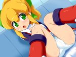  1girl artist_request ass blonde_hair blush boots dutch_angle green_eyes highres open_mouth panties rockman roll sitting solo underwear white_panties 