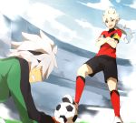  2boys armband ball blue_hair clenched_teeth crossed_arms earth_eleven gloves goalkeeper hakuryuu_(inazuma_eleven) headband ibuki_munemasa inazuma_eleven_(series) inazuma_eleven_go inazuma_eleven_go_galaxy long_hair male_focus multicolored_hair multiple_boys ponytail red_eyes resistance_japan sekina short_hair soccer_ball soccer_uniform sportswear teeth telstar two-tone_hair white_hair 