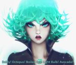  &gt;:d 1girl :d artist_name collar collarbone curly_hair english eyelashes green_eyes green_hair lips looking_at_viewer one-punch_man open_mouth paul_kwon short_hair simple_background smile solo tatsumaki teeth tsurime upper_body watermark web_address white_background 