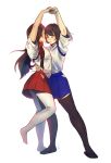  akagi_(kantai_collection) blue_skirt brown_hair cheekyposelenets closed_eyes dancing dated flip-flops full_body highres kaga_(kantai_collection) kantai_collection long_hair pleated_skirt red_skirt rope sandals side_ponytail signature skirt standing_on_one_leg thigh-highs 