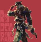  1boy bandolier beard belt bengus brown_hair coat copyright_name cowboy cowboy_hat facial_hair fingerless_gloves fur_trim gloves hat hat_tip male_focus nate_harlow poncho red_dead_revolver short_hair sideburns single_glove solo western 