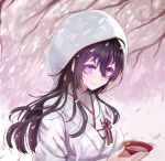  1girl ahoge beifeng_han black_hair hair_between_eyes hood japanese_clothes kimono long_hair looking_at_viewer miyaura_sanshio original petals sakazuki smile solo uchikake upper_body violet_eyes wind 