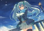  1girl :o aqua_necktie belt black_legwear blue_eyes blue_hair blue_scarf blue_skirt blush bridge city city_lights clouds dutch_angle floating_hair full_body gloves glowing hair_between_eyes hatsune_miku headgear kame^^ lamp lamppost lantern light long_hair long_sleeves night night_sky outdoors parted_lips pleated_skirt pocket railing scarf shooting_star skirt sky snow solo star_(sky) starry_sky striped striped_sweater sweater tareme thigh-highs thigh_gap twintails unbuttoned very_long_hair vocaloid white_gloves wind zettai_ryouiki 