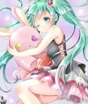  1girl button_eyes green_eyes green_hair hatsune_miku long_hair looking_at_viewer one_eye_closed skirt solo stuffed_animal stuffed_bunny stuffed_toy twintails very_long_hair vocaloid 