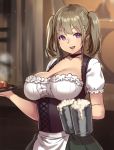  1girl :d alcohol apron barrel beer beer_mug blurry breasts brown_hair choker cleavage collarbone cowboy_shot cross-laced_clothes depth_of_field dirndl food frilled_sleeves frills german_clothes houtengeki indoors large_breasts looking_at_viewer meat open_mouth original parted_lips plate puffy_short_sleeves puffy_sleeves round_teeth short_hair short_sleeves short_twintails sidelocks smile solo steak steam teeth twintails underbust violet_eyes waist_apron 