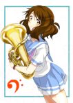  1girl alpha_(smashbox) bass_clef blue_border blue_skirt blush brown_eyes brown_hair collarbone dutch_angle euphonium hibike!_euphonium highres instrument looking_at_viewer neckerchief oumae_kumiko pleated_skirt sailor_collar school_uniform serafuku shirt short_hair short_sleeves simple_background skirt smile solo standing tareme wavy_hair white_background white_shirt wristband 