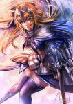  aqua_eyes armor armored_dress blonde_hair capelet fate/apocrypha fate/stay_night fate_(series) headpiece long_hair ruler_(fate/apocrypha) smile sword thigh-highs wa-kun weapon 