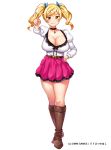  1girl belt blonde_hair boots breasts brown_eyes choker cleavage full_body hair_ribbon hand_on_hip index_finger_raised large_breasts looking_at_viewer official_art petticoat ribbon skirt smile solo twintails yokkora 