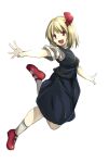  1girl :d ascot blonde_hair hair_ribbon jumping looking_at_viewer open_mouth outstretched_arms red_eyes red_shoes ribbon rumia shirt shoes short_sleeves skirt skirt_set smile socks solo touhou vest yabu_q 