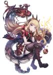  1girl black_legwear blonde_hair book boots bracer cagliostro_(granblue_fantasy) crown dragon granblue_fantasy highres long_hair open_book pokimari simple_background smile thigh-highs violet_eyes white_background 