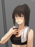  1girl black_hair blue_eyes drinking_straw highres ishido_natsuo long_hair noccu small_breasts smile solo sports_bra teppuu towel towel_around_neck twitter_username upper_body 