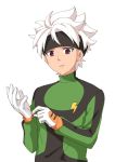  1boy earth_eleven gloves goalkeeper headband ibuki_munemasa inazuma_eleven_(series) inazuma_eleven_go inazuma_eleven_go_galaxy lightning_bolt male_focus short_hair simple_background solo t_(toddy_t) upper_body white_background white_hair 