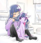  1girl artist_name bangs bed blue_hair blunt_bangs blush closed_eyes commentary dated dual_persona eyelashes flower hand_in_hair holding_hair my_little_pony my_little_pony_friendship_is_magic nervous personification pony reavz sidelocks smelling sweater twilight_sparkle unicorn violet_eyes 