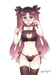  1girl bell bell_choker black_bra black_legwear black_panties blue_eyes blush bra breasts brown_hair byulrorqual cat_cutout cat_ear_panties cat_lingerie choker cleavage cleavage_cutout embarrassed fate/stay_night fate_(series) frilled_bra frills groin long_hair navel open_mouth panties paw_pose shiny shiny_clothes shiny_hair side-tie_panties solo thigh-highs toosaka_rin twitter_username two_side_up underwear underwear_only 