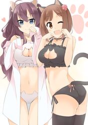  2girls animal_ears bell bell_choker blue_eyes brown_hair cat_cutout cat_ear_panties cat_ears cat_lingerie choker cleavage_cutout green_eyes ichinose_shiki idolmaster idolmaster_cinderella_girls jingle_bell long_hair maekawa_miku multiple_girls panties paw_pose sasakura short_hair side-tie_panties tail thigh-highs underwear 