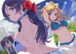  3girls :o arm_up armpits ayase_eli back bags_under_eyes bangs bikini black_hair blonde_hair blue_bikini blue_eyes blue_sky blurry blush bokeh bow breast_envy breast_suppress breasts closed_mouth clouds depth_of_field dutch_angle ear_studs earrings eyebrows eyebrows_visible_through_hair eyelashes flower frilled_bikini frills groin hair_bow hair_flower hair_ornament halterneck hibiscus holding innertube jewelry large_breasts lens_flare long_hair looking_at_another looking_at_viewer looking_back love_live!_school_idol_project low_twintails multiple_girls name_tag navel one-piece_swimsuit pink_hair ponytail print_bikini purple_hair red_flower school_swimsuit see-through shirabi_(life-is-free) sideboob sky smile star_print stomach stree sun swept_bangs swimsuit toujou_nozomi twintails under_boob upper_body white_bow yazawa_nico 