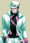  1boy absurdres belt black_hair coat frown green_eyes hand_in_pocket hand_on_hip hat highres jojo_no_kimyou_na_bouken kuujou_joutarou male_focus solo turtleneck upper_body yelsh 