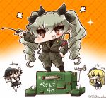  &gt;_&lt; 3girls :3 :d anchovy beret black_hair blonde_hair box braid brown_eyes cardboard_box carpaccio closed_eyes commentary_request girls_und_panzer green_eyes hair_ribbon hat holding long_hair multiple_girls open_mouth pepperoni_(girls_und_panzer) ribbon riding_crop silver_hair single_braid smile tanaka_kusao translation_request twin_braids twintails xd 