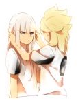  2boys bangs blonde_hair inazuma_eleven_(series) inazuma_eleven_go inazuma_eleven_go_galaxy long_hair male_focus multiple_boys roran_lazarev sekina soccer_uniform sportswear storm_wolf upper_body white_background white_hair yuri_averin 