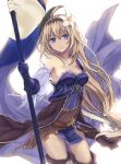  1girl banner blonde_hair blush boots breasts cleavage detached_sleeves flower gauntlets granblue_fantasy hair_flower hair_ornament hairband holding_sword holding_weapon jeanne_d&#039;arc_(granblue_fantasy) long_hair riffey solo sword thigh-highs thigh_boots weapon 