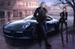  1boy 1girl assault_rifle black_legwear blonde_hair boots building car glock gun handgun hat highres jacket kac_pdw motor_vehicle noveske_rifleworks original pants pantyhose porsche_911 rifle road shirt silver_hair skirt street terabyte_(rook777) tree vehicle weapon 