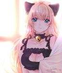 1girl 2016 alternate_costume animal_ears artist_name backlighting bangs bell bell_choker blonde_hair blue_eyes breasts cat_cutout cat_ears cat_lingerie choker cleavage_cutout closed_mouth curtain_grab curtains dated earrings frills hashimo_kikuri jewelry jingle_bell large_breasts lens_flare long_hair looking_at_viewer macross macross_frontier sheryl_nome signature solo upper_body window 