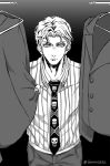  1boy blurry clothes_hanger collared_shirt grok jacket jojo_no_kimyou_na_bouken kira_yoshikage male_focus monochrome necktie shirt solo striped striped_shirt twitter_username upper_body 