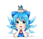  1girl :o animal animal_on_head artist_request blue_bow blue_dress blue_eyes blush bow cirno collared_shirt colored_eyelashes dress eyebrows eyebrows_visible_through_hair fairy fairy_wings grey_eyes grey_fur hair_bow hands_on_own_cheeks hands_on_own_face ice ice_wings looking_at_viewer nose_blush open_mouth puffy_short_sleeves puffy_sleeves rabbit red_ribbon ribbon shirt short_sleeves simple_background solo tareme touhou upper_body white_background white_shirt wings 