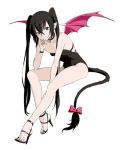  1girl black_eyes black_hair bow crossed_bangs demon_girl demon_wings full_body high_heels leaning_forward leotard long_hair lowres nail_polish nein pointy_ears sitting solo tail tail_bow twintails wings 