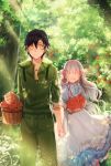  1boy 1girl :d ^_^ bangs basket belt black_hair blue_dress blurry bow buckle bush closed_eyes closed_mouth collarbone depth_of_field dress flower forest frills grey_hair hair_between_eyes hair_bow hair_ornament hairband hairclip hetero holding holding_flower holding_hands hood hood_down jumpsuit kagerou_project kozakura_mary laughing leclle light_particles long_hair nature open_mouth outdoors red_eyes red_flower red_rose rose rose_bush seto_kousuke sleeves_folded_up sleeves_rolled_up smile sunlight tree walking white_apron yellow_eyes 