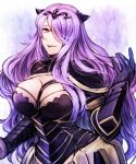  1girl argyle argyle_background black_gloves breasts camilla_(fire_emblem_if) cleavage fire_emblem fire_emblem_if gloves hair_over_one_eye horns large_breasts long_hair open_mouth pink_eyes purple_hair smile solo sumimoto_ryuu upper_body vambraces very_long_hair 