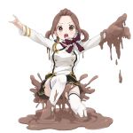  artist_request bow brown_eyes brown_hair character_request copyright_request highres long_sleeves looking_at_viewer messy mud outstretched_arms pleated_skirt simple_background skirt thigh-highs twintails white_background white_legwear 