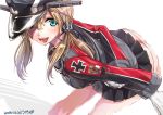  1girl anchor_hair_ornament aqua_eyes arms_behind_back ass bent_over black_ribbon blonde_hair blush female gloves hair_ornament hat highres iron_cross kantai_collection long_sleeves low_twintails military military_hat military_uniform open_mouth panties pantyshot peaked_cap prinz_eugen_(kantai_collection) ribbon smile solo twintails ugeppa underwear uniform white_gloves white_panties 