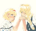  2girls alice_margatroid black_vest blonde_hair blue_dress blue_eyes blush bow braid capelet dress hair_bow hand_kiss holding_hand honi kirisame_marisa kiss long_hair looking_at_another multiple_girls no_hat profile shiny shiny_hair shirt short_hair short_sleeves simple_background single_braid sketch touhou white_shirt yellow_eyes yuri 